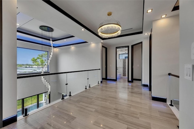 6528 Simone Shores Cir, Apollo Beach, FL 33572 - corridor featuring a raised ceiling, an upstairs landing, healthy amount of natural light, and recessed lighting