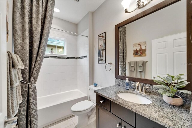 6127 Colmar Pl, Apollo Beach, FL 33572 - full bath with shower / tub combo with curtain, vanity, toilet, and tile patterned floors