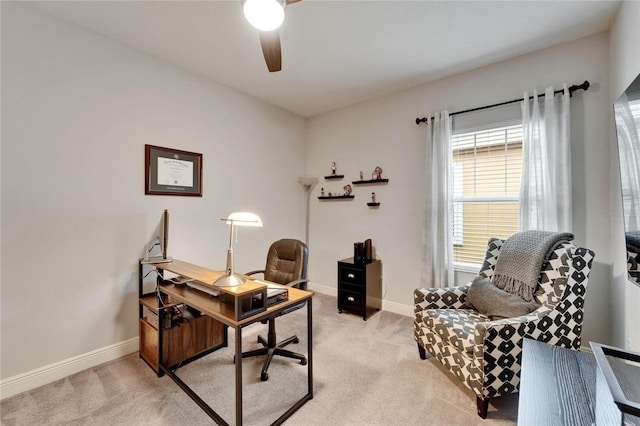 6127 Colmar Pl, Apollo Beach, FL 33572 - home office featuring ceiling fan, light colored carpet, and baseboards