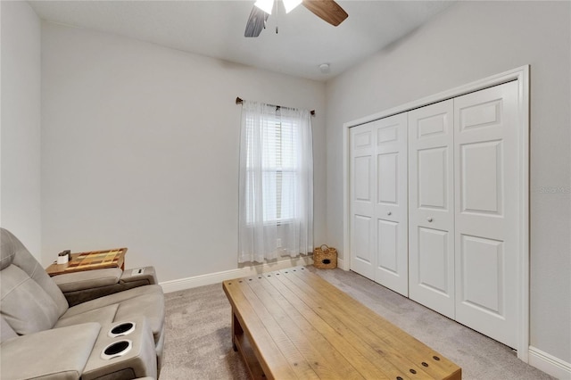 6127 Colmar Pl, Apollo Beach, FL 33572 - unfurnished living room featuring light carpet, ceiling fan, and baseboards