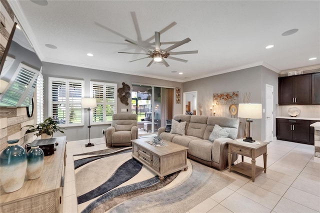 6127 Colmar Pl, Apollo Beach, FL 33572 - living room with a ceiling fan, light tile patterned floors, ornamental molding, baseboards, and recessed lighting