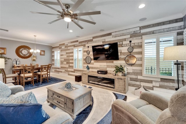 6127 Colmar Pl, Apollo Beach, FL 33572 - living area with crown molding, a ceiling fan, a chandelier, recessed lighting, and a tile fireplace