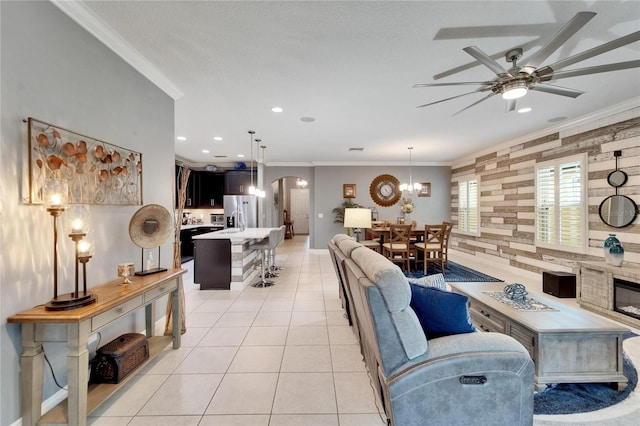 6127 Colmar Pl, Apollo Beach, FL 33572 - living area featuring arched walkways, crown molding, a ceiling fan, light tile patterned flooring, and a chandelier