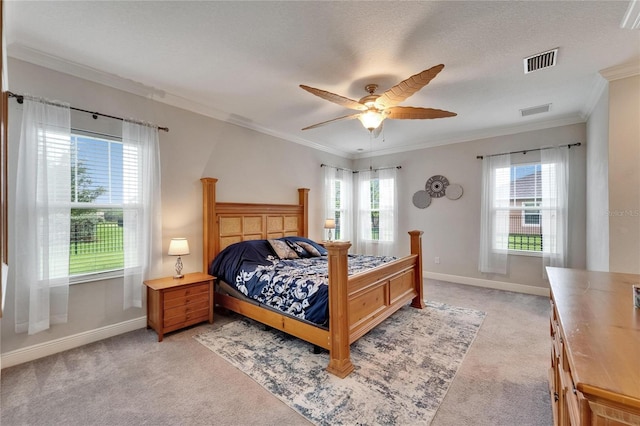 6127 Colmar Pl, Apollo Beach, FL 33572 - bedroom with light colored carpet, baseboards, crown molding, and ceiling fan