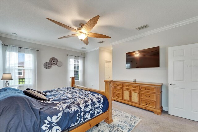 6127 Colmar Pl, Apollo Beach, FL 33572 - bedroom featuring light carpet, multiple windows, crown molding, a ceiling fan, and baseboards
