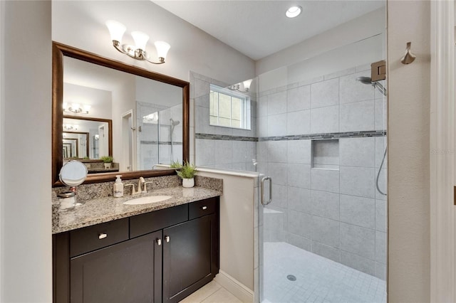6127 Colmar Pl, Apollo Beach, FL 33572 - full bathroom with a stall shower, vanity, and tile patterned floors
