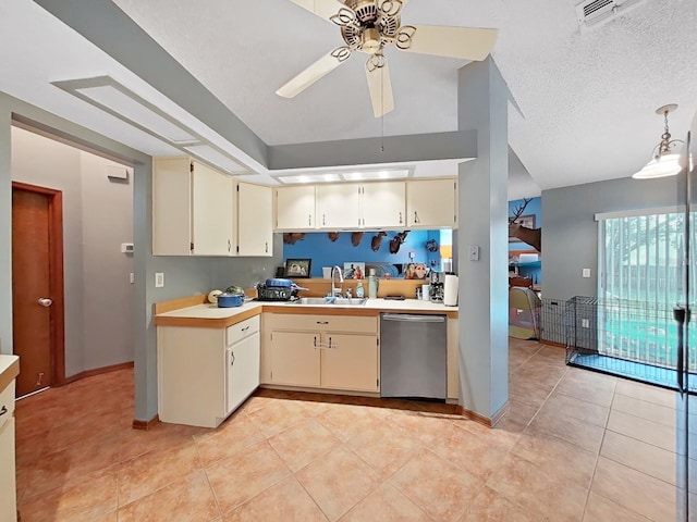13094 Huntington Woods Ave, Spring Hill, FL 34609 - kitchen featuring stainless steel dishwasher, light countertops, ceiling fan, a sink, and light tile patterned floors