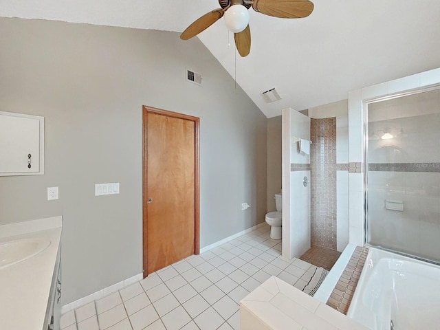 13094 Huntington Woods Ave, Spring Hill, FL 34609 - full bathroom with tiled shower, a bath, tile patterned flooring, ceiling fan, and toilet