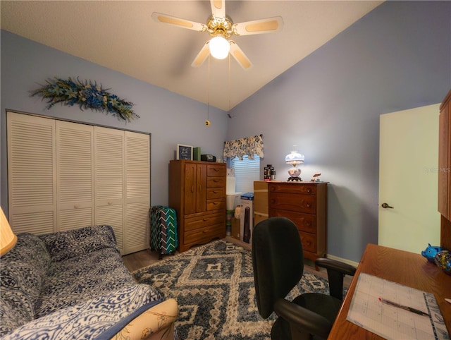 39650 US Highway 19 N, Tarpon Springs, FL 34689 - home office with lofted ceiling, wood finished floors, and a ceiling fan