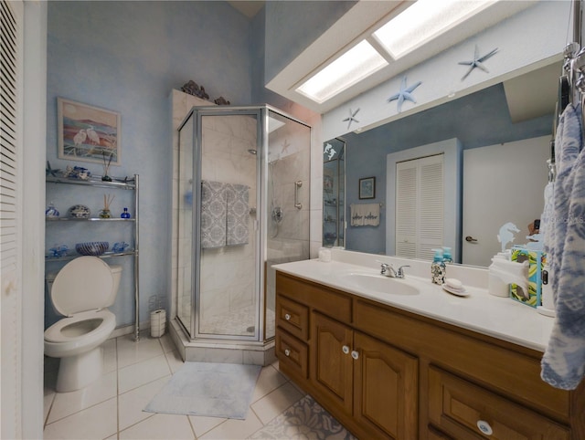 39650 US Highway 19 N, Tarpon Springs, FL 34689 - bathroom with vanity, tile patterned flooring, a stall shower, toilet, and a closet