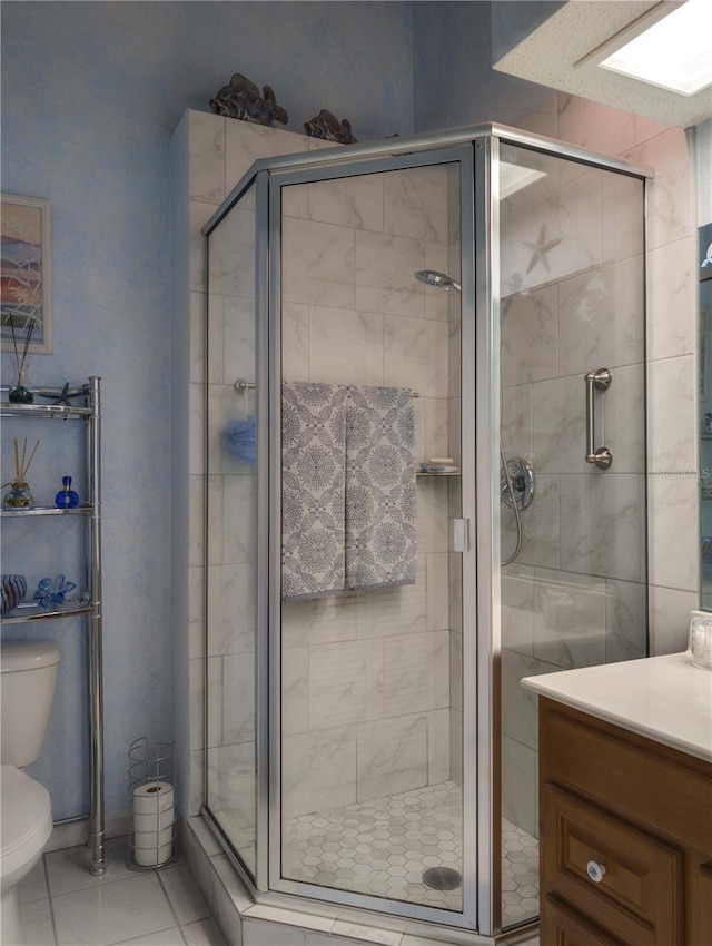 39650 US Highway 19 N, Tarpon Springs, FL 34689 - bathroom featuring toilet, tile patterned flooring, vanity, and a stall shower