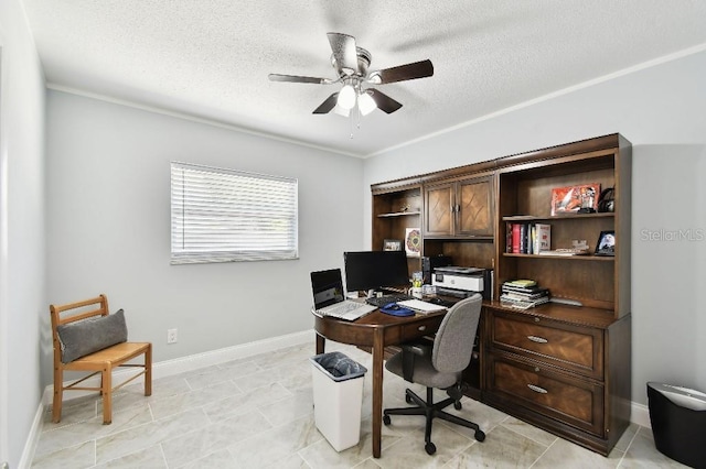 229 Temple Ave, Fern Park, FL 32730 - home office with a textured ceiling, a ceiling fan, crown molding, baseboards, and light tile patterned floors