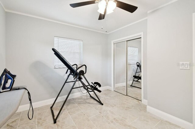 229 Temple Ave, Fern Park, FL 32730 - exercise room featuring ornamental molding, a ceiling fan, and baseboards