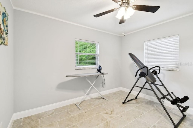 229 Temple Ave, Fern Park, FL 32730 - exercise area with ornamental molding, baseboards, and a ceiling fan