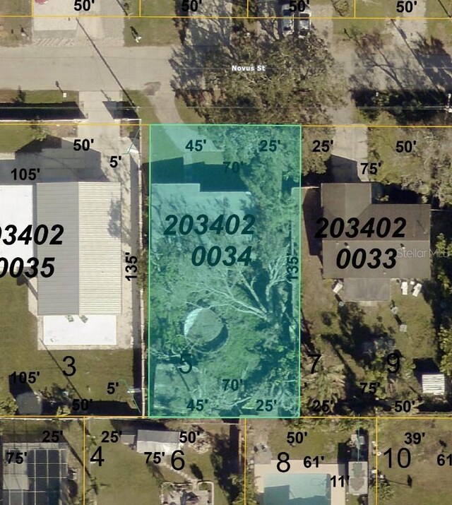 2524 Novus St, Sarasota, FL 34237 - aerial overview of property's location with property parcel outlined