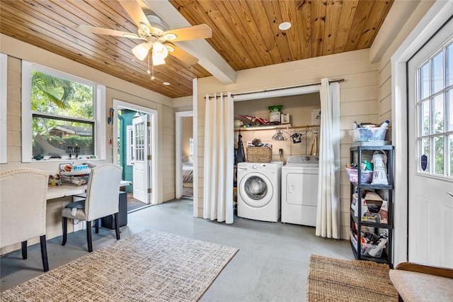 2709 Upton St S, Gulfport, FL 33711 - laundry room with a desk, washer and dryer, wood ceiling, and ceiling fan