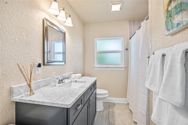 2709 Upton St S, Gulfport, FL 33711 - bathroom with toilet, vanity, a textured wall, wood finished floors, and a shower with shower curtain