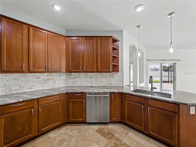 6957 Boulder Run Loop, Wesley Chapel, FL 33545 - kitchen featuring a sink, dishwasher, open shelves, a peninsula, and stone tile flooring