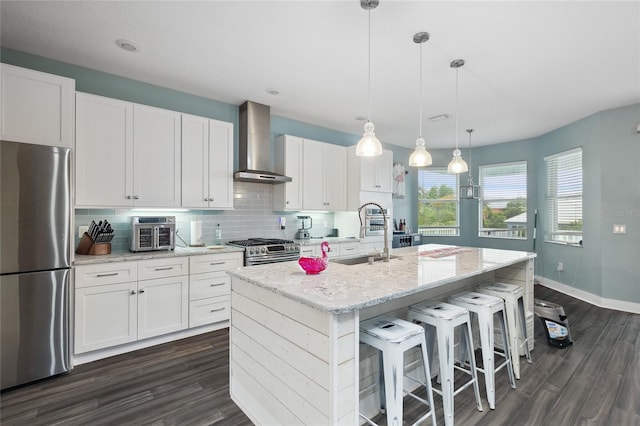 6416 Grenada Island Ave, Apollo Beach, FL 33572 - kitchen featuring appliances with stainless steel finishes, wall chimney range hood, a sink, and dark wood-style flooring