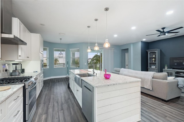 6416 Grenada Island Ave, Apollo Beach, FL 33572 - kitchen with a sink, appliances with stainless steel finishes, wall chimney range hood, dark wood-style floors, and open floor plan