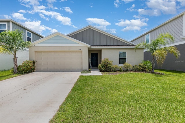 1368 Axel Cir, Winter Haven, FL 33880 - view of front of home with an attached garage, board and batten siding, a front yard, concrete driveway, and stucco siding