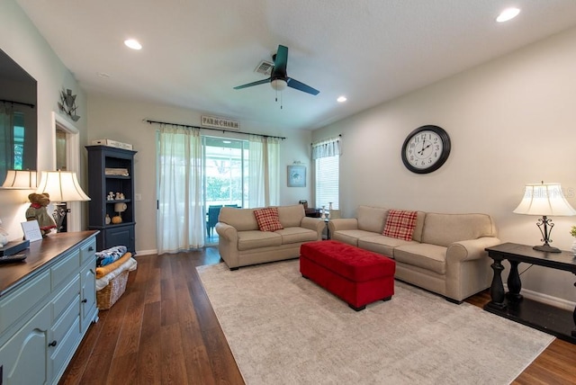 4228 Silver Star Dr, Spring Hill, FL 34609 - living room featuring dark wood-style flooring, a ceiling fan, recessed lighting, and baseboards