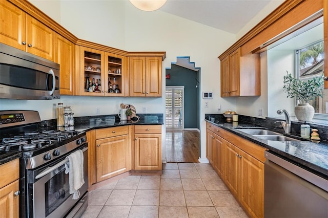 9806 Bennington Dr, Tampa, FL 33626 - kitchen featuring stainless steel appliances, a sink, high vaulted ceiling, dark stone countertops, and light tile patterned floors