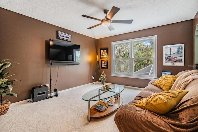 9806 Bennington Dr, Tampa, FL 33626 - carpeted living room with a ceiling fan, baseboards, and a textured ceiling