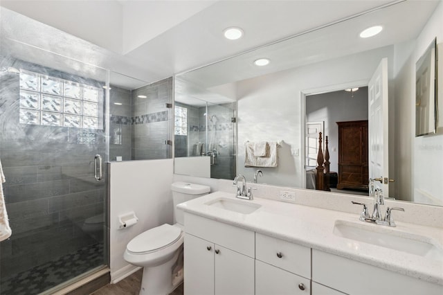 4411 Whitton Way, New Port Richey, FL 34653 - full bathroom featuring double vanity, toilet, a shower stall, and recessed lighting