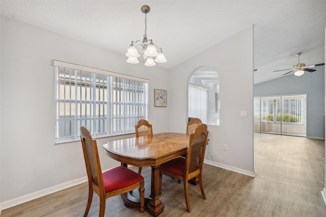 4411 Whitton Way, New Port Richey, FL 34653 - dining space with lofted ceiling, light wood-style flooring, a chandelier, arched walkways, and baseboards