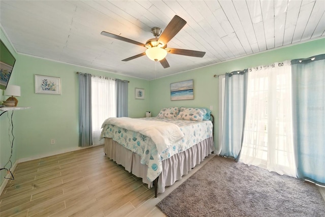 3312 Holly Springs Dr, Hernando Beach, FL 34607 - bedroom with wood ceiling, ceiling fan, and light wood finished floors