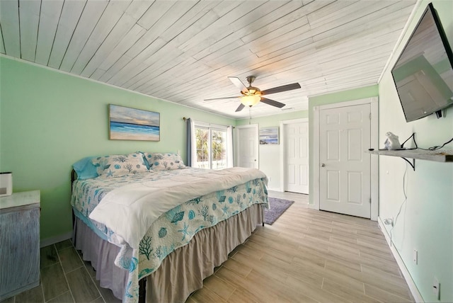 3312 Holly Springs Dr, Hernando Beach, FL 34607 - bedroom with wood ceiling, baseboards, light wood-style flooring, and ceiling fan