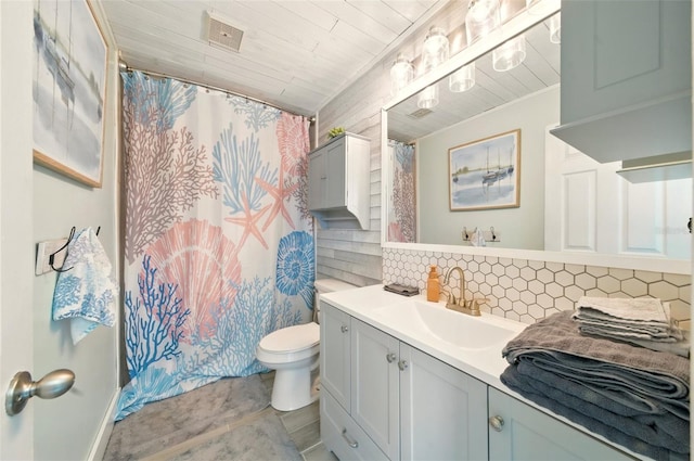 3312 Holly Springs Dr, Hernando Beach, FL 34607 - bathroom featuring decorative backsplash, vanity, toilet, wooden ceiling, and a shower with shower curtain
