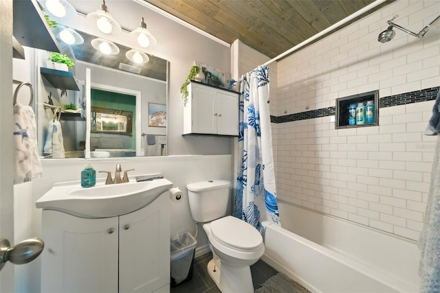 3312 Holly Springs Dr, Hernando Beach, FL 34607 - full bath featuring toilet, vanity, shower / bathtub combination with curtain, wood ceiling, and tile patterned flooring