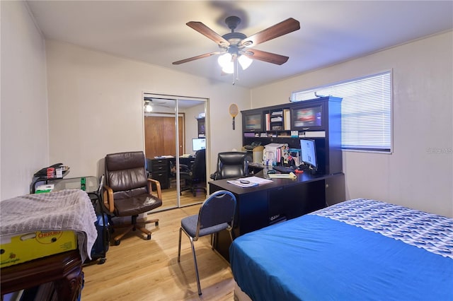18121 Geraci Rd, Lutz, FL 33548 - bedroom with light wood-type flooring, a closet, a desk, and a ceiling fan