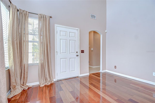 4227 Bethpage Ct, Wesley Chapel, FL 33543 - foyer featuring arched walkways, wood finished floors, and baseboards