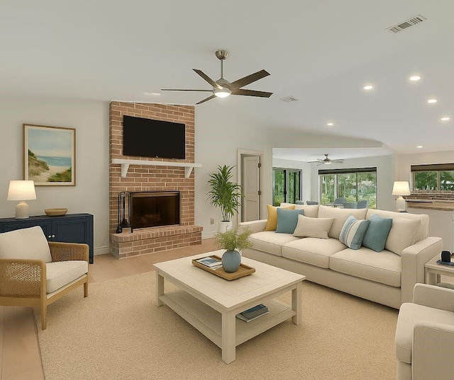 5264 S Spy Glass Pt, Homosassa, FL 34448 - living area with ceiling fan, recessed lighting, light wood-style flooring, and a fireplace