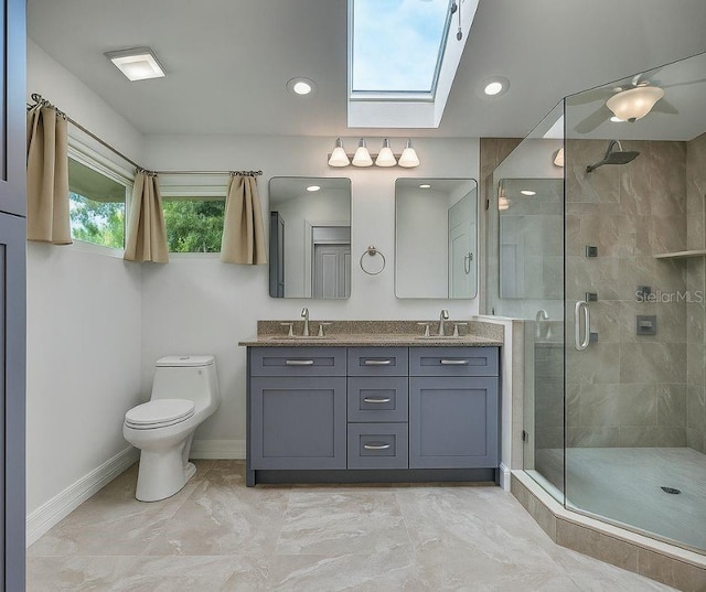 5264 S Spy Glass Pt, Homosassa, FL 34448 - bathroom featuring a skylight, a shower stall, double vanity, marble look tile flooring, and recessed lighting