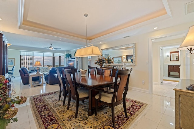 1 Beach Dr SE Unit 2011, Saint Petersburg, FL 33701 - dining room with a tray ceiling, light tile patterned floors, baseboards, a ceiling fan, and recessed lighting