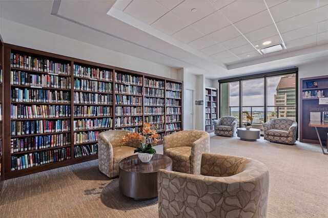 1 Beach Dr SE Unit 2011, Saint Petersburg, FL 33701 - living area featuring bookshelves, carpet floors, and a tray ceiling