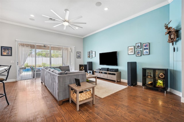 2814 Duncan Tree Cir, Valrico, FL 33594 - living area featuring ceiling fan, dark wood-style flooring, ornamental molding, recessed lighting, and baseboards