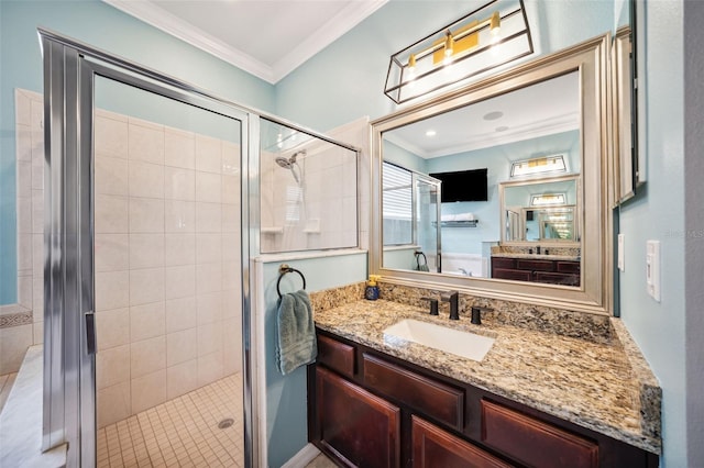2814 Duncan Tree Cir, Valrico, FL 33594 - bathroom featuring crown molding, a stall shower, and vanity