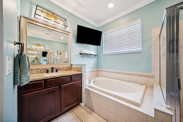 2814 Duncan Tree Cir, Valrico, FL 33594 - bathroom with vanity, crown molding, a garden tub, a stall shower, and tile patterned flooring