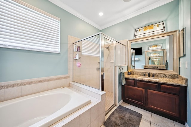 2814 Duncan Tree Cir, Valrico, FL 33594 - bathroom featuring a garden tub, vanity, a stall shower, tile patterned flooring, and ornamental molding