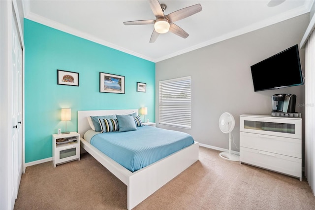 2814 Duncan Tree Cir, Valrico, FL 33594 - bedroom featuring crown molding, carpet, baseboards, and a ceiling fan