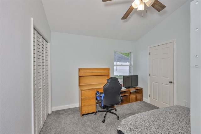 1034 Brighton Way, Lakeland, FL 33813 - carpeted home office with vaulted ceiling, a ceiling fan, and baseboards