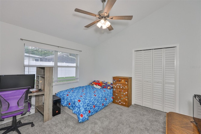 1034 Brighton Way, Lakeland, FL 33813 - bedroom featuring lofted ceiling, carpet, a desk, a closet, and a ceiling fan