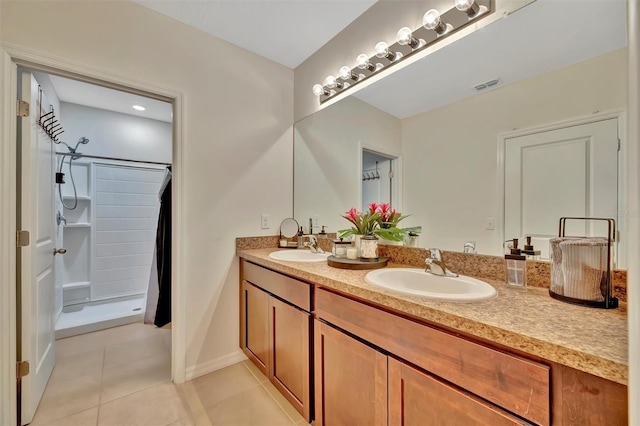 3320 Pleasant Willow Ct, Brandon, FL 33511 - full bathroom with double vanity, tile patterned floors, and a shower with shower curtain