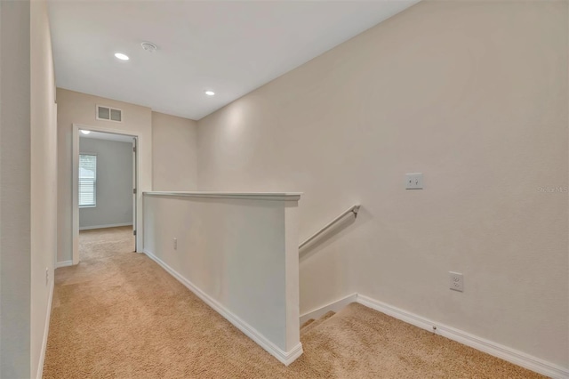 3320 Pleasant Willow Ct, Brandon, FL 33511 - hall with carpet flooring, an upstairs landing, baseboards, and recessed lighting