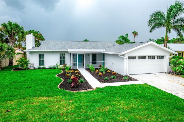 913 Spindle Palm Way, Apollo Beach, FL 33572 - ranch-style house featuring a chimney, an attached garage, a front lawn, driveway, and stucco siding